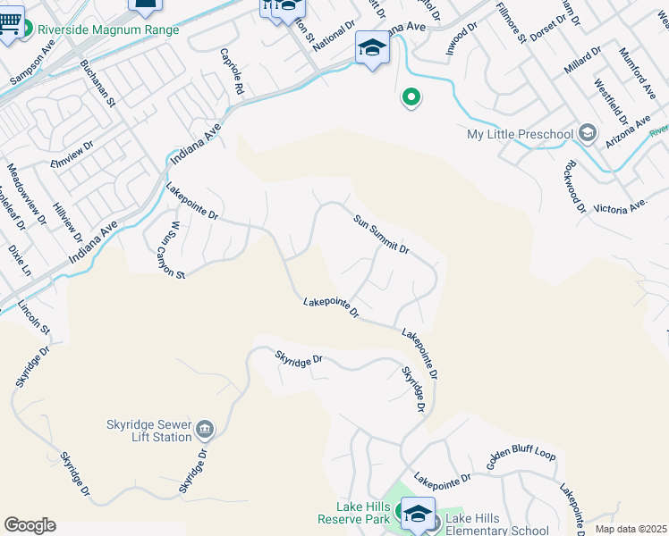 map of restaurants, bars, coffee shops, grocery stores, and more near 16363 East Peak Court in Riverside