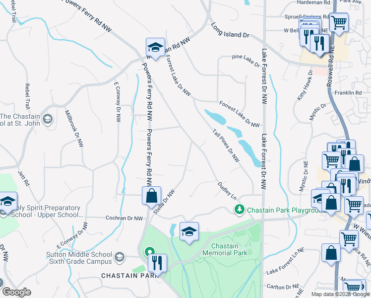 map of restaurants, bars, coffee shops, grocery stores, and more near 4644 Stella Drive Northwest in Atlanta