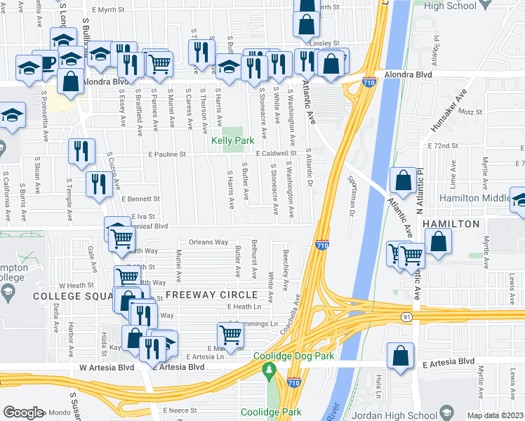 map of restaurants, bars, coffee shops, grocery stores, and more near 2500 East Adana Street in Compton