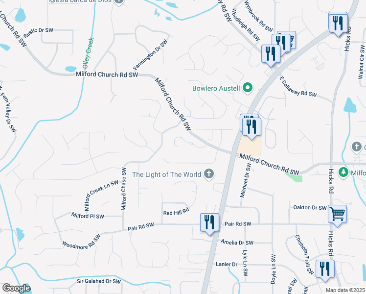 map of restaurants, bars, coffee shops, grocery stores, and more near 1345 Milford Church Road Southwest in Marietta