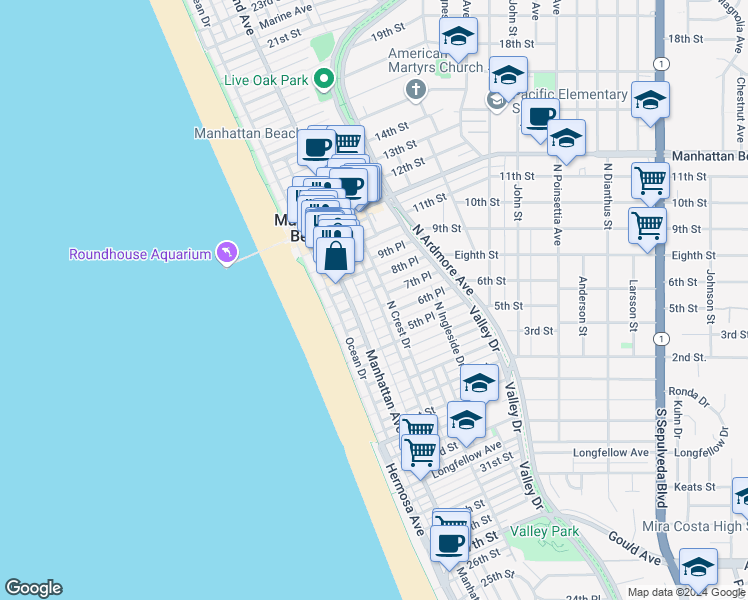 map of restaurants, bars, coffee shops, grocery stores, and more near 228 7th Place in Manhattan Beach