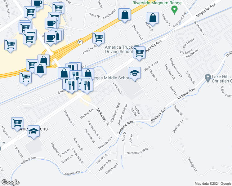 map of restaurants, bars, coffee shops, grocery stores, and more near 12907 Reindeer Court in Riverside