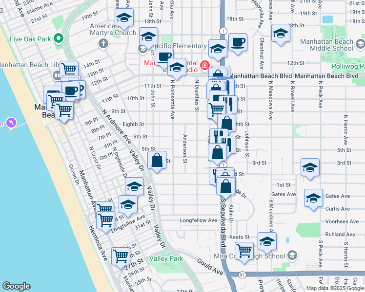 map of restaurants, bars, coffee shops, grocery stores, and more near 501 Anderson Street in Manhattan Beach