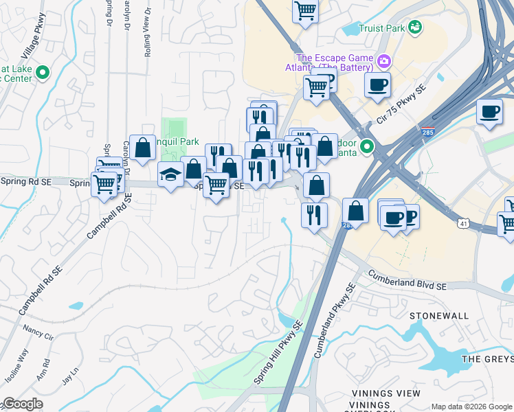 map of restaurants, bars, coffee shops, grocery stores, and more near 3103 Sports Avenue Southeast in Smyrna