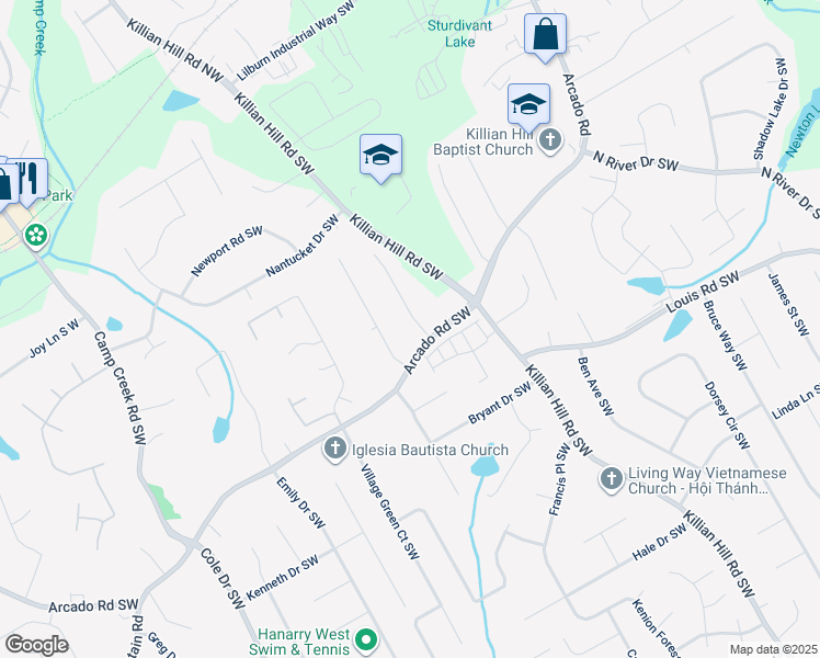 map of restaurants, bars, coffee shops, grocery stores, and more near 263 Windsong Ln SW in Lilburn