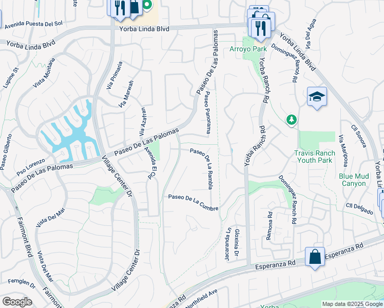 map of restaurants, bars, coffee shops, grocery stores, and more near 20770 Paseo De La Rambla in Yorba Linda
