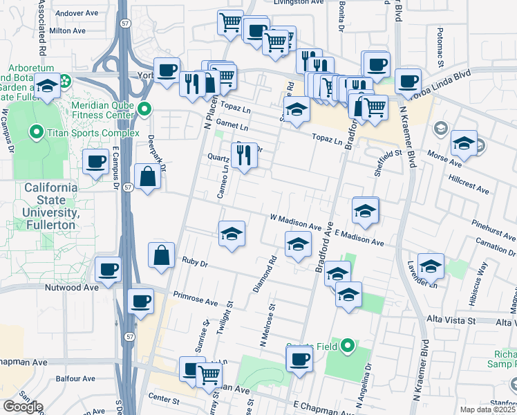 map of restaurants, bars, coffee shops, grocery stores, and more near 503 West Madison Avenue in Placentia