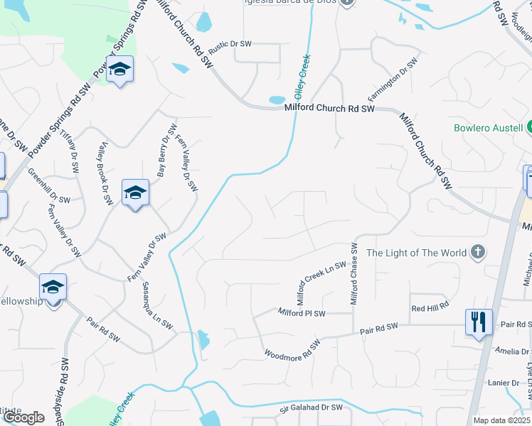 map of restaurants, bars, coffee shops, grocery stores, and more near 2951 Milford Courts Southwest in Marietta