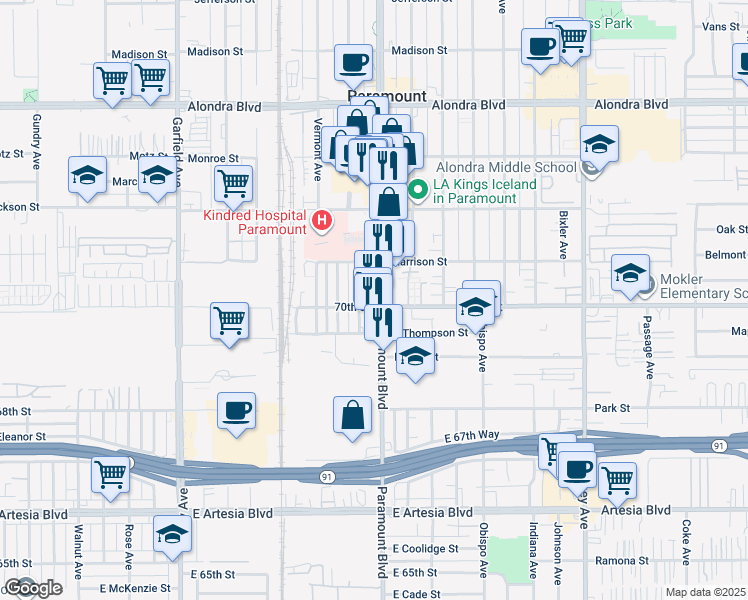 map of restaurants, bars, coffee shops, grocery stores, and more near 16675 Paramount Boulevard in Paramount