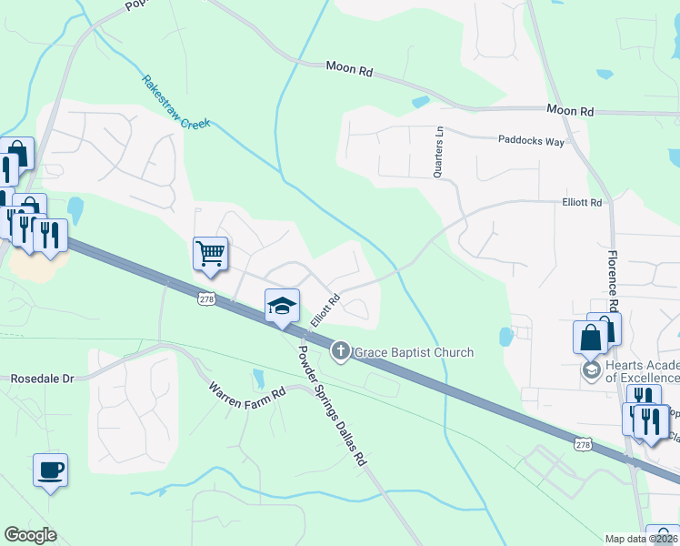 map of restaurants, bars, coffee shops, grocery stores, and more near 1109 Silverbrook Drive in Powder Springs