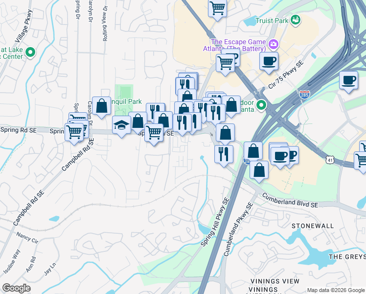 map of restaurants, bars, coffee shops, grocery stores, and more near 3103 Sports Avenue Southeast in Smyrna