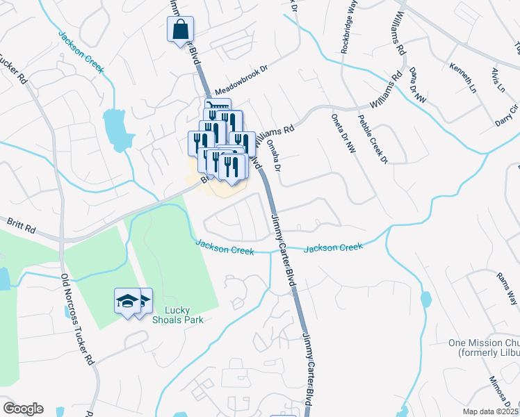 map of restaurants, bars, coffee shops, grocery stores, and more near 6863 Wandering Way Northwest in Norcross