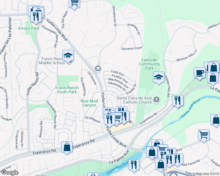 map of restaurants, bars, coffee shops, grocery stores, and more near 21710 Potomac Avenue in Yorba Linda