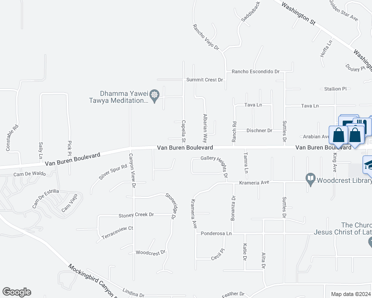 map of restaurants, bars, coffee shops, grocery stores, and more near 16370 White Gold Court in Riverside