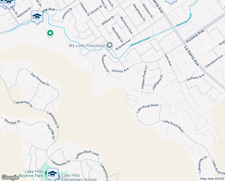 map of restaurants, bars, coffee shops, grocery stores, and more near 11634 Victoria Avenue in Riverside