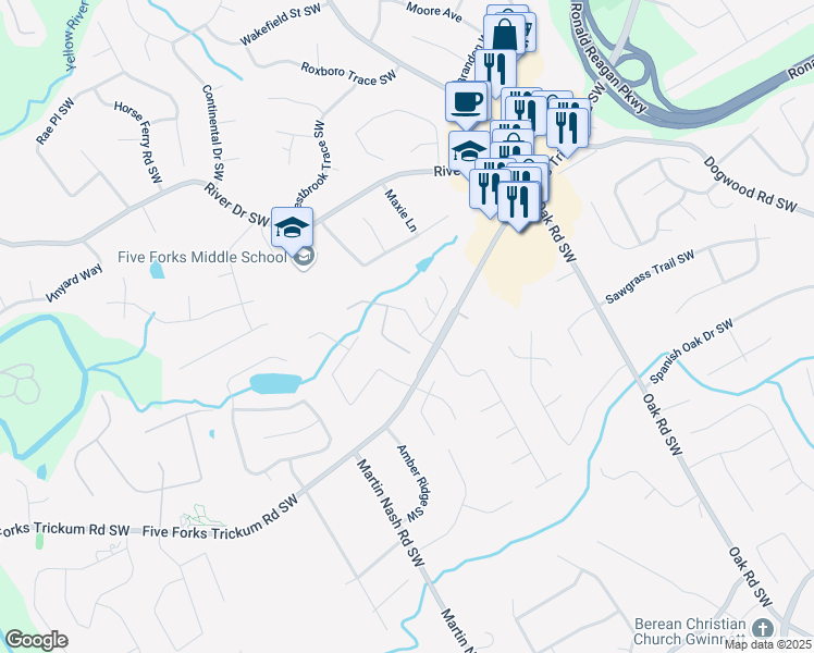 map of restaurants, bars, coffee shops, grocery stores, and more near 909 Pine Cove Drive Southwest in Lilburn
