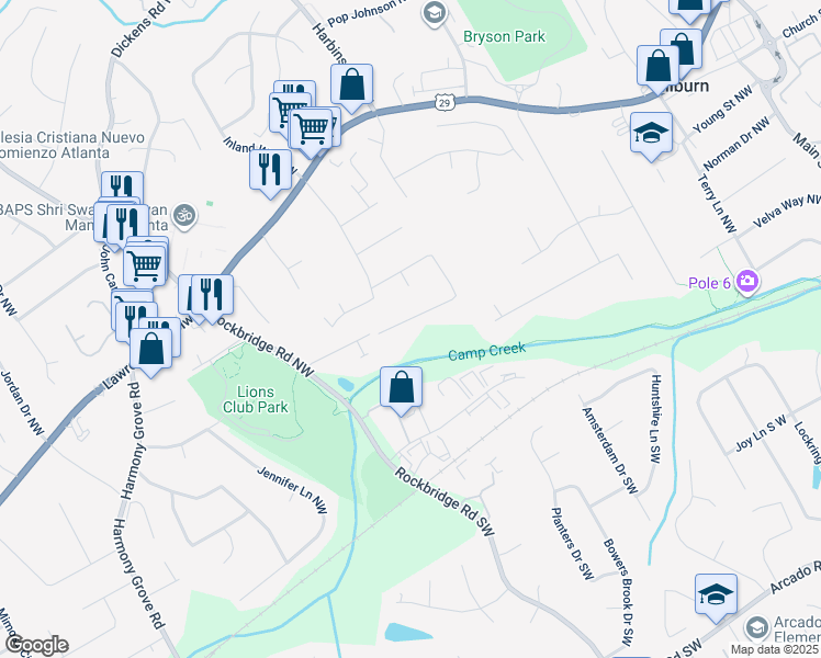 map of restaurants, bars, coffee shops, grocery stores, and more near 5145 Cobblestone Way Northwest in Lilburn