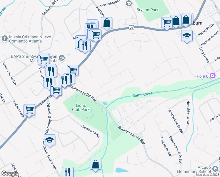 map of restaurants, bars, coffee shops, grocery stores, and more near 5686 Rockfern Drive in Lilburn