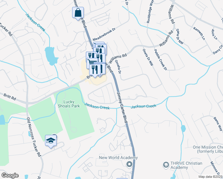 map of restaurants, bars, coffee shops, grocery stores, and more near 6863 Wandering Way Northwest in Norcross