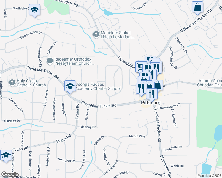 map of restaurants, bars, coffee shops, grocery stores, and more near 3176 Woodlynne Way in Doraville