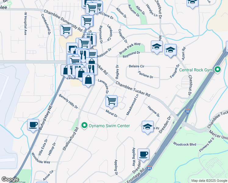 map of restaurants, bars, coffee shops, grocery stores, and more near 2657 Meadow Court in Chamblee