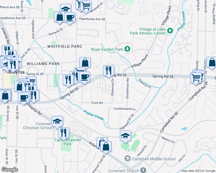 map of restaurants, bars, coffee shops, grocery stores, and more near 506 Spring Heights Lane in Smyrna