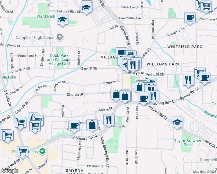 map of restaurants, bars, coffee shops, grocery stores, and more near 2916 Reed Street in Smyrna