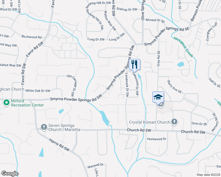map of restaurants, bars, coffee shops, grocery stores, and more near 2939 O'Shields Court Southwest in Marietta