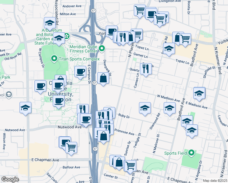 map of restaurants, bars, coffee shops, grocery stores, and more near 2900 Madison Avenue in Fullerton