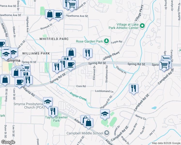map of restaurants, bars, coffee shops, grocery stores, and more near 506 Spring Heights Lane in Smyrna