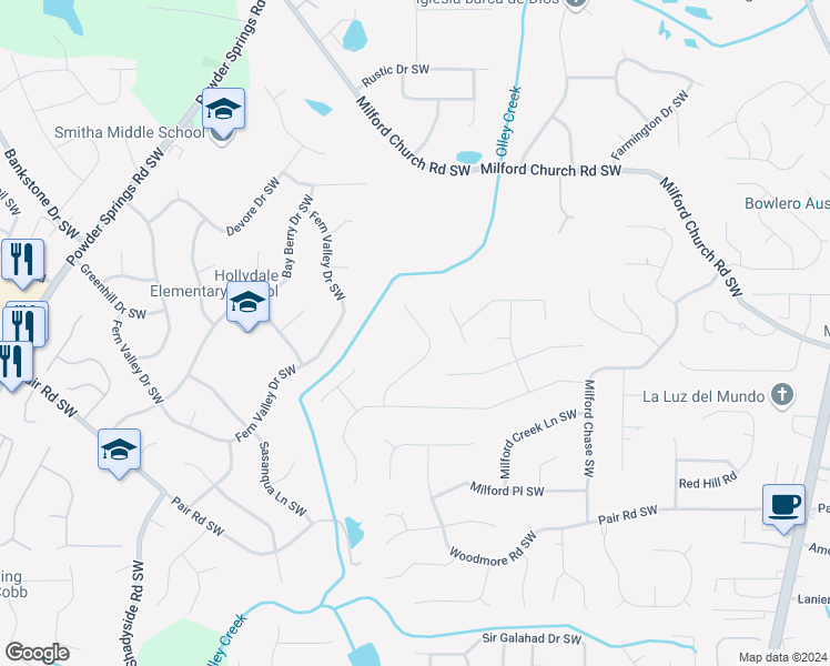 map of restaurants, bars, coffee shops, grocery stores, and more near 3049 Milford Chase Overlook Southwest in Marietta