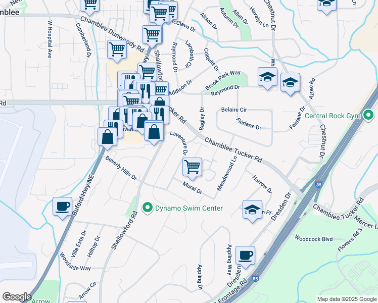 map of restaurants, bars, coffee shops, grocery stores, and more near 3185 Laventure Drive in Atlanta