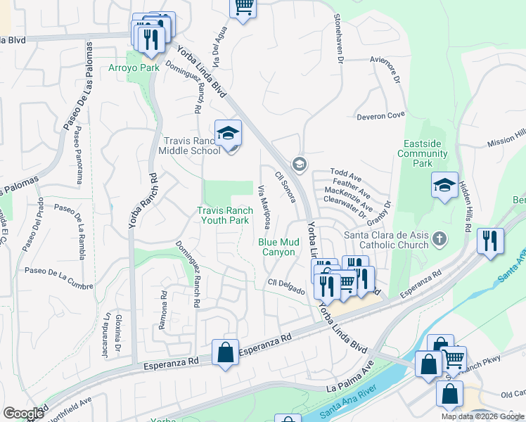 map of restaurants, bars, coffee shops, grocery stores, and more near 5435 Vía Mariposa in Yorba Linda