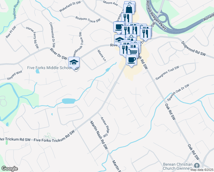 map of restaurants, bars, coffee shops, grocery stores, and more near 3187 Misty View Tr Southwest in Lilburn