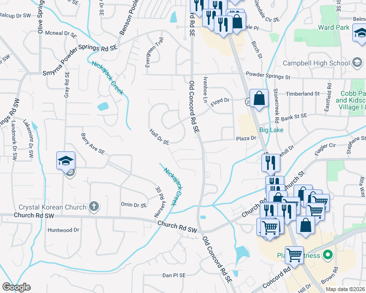 map of restaurants, bars, coffee shops, grocery stores, and more near 1192 Magnolia Way Southeast in Smyrna