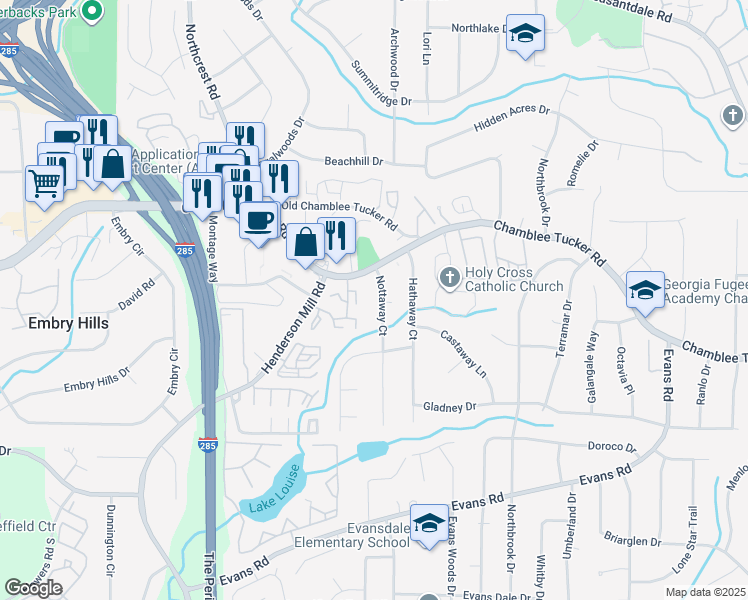 map of restaurants, bars, coffee shops, grocery stores, and more near 3162 Nottaway Court in Chamblee