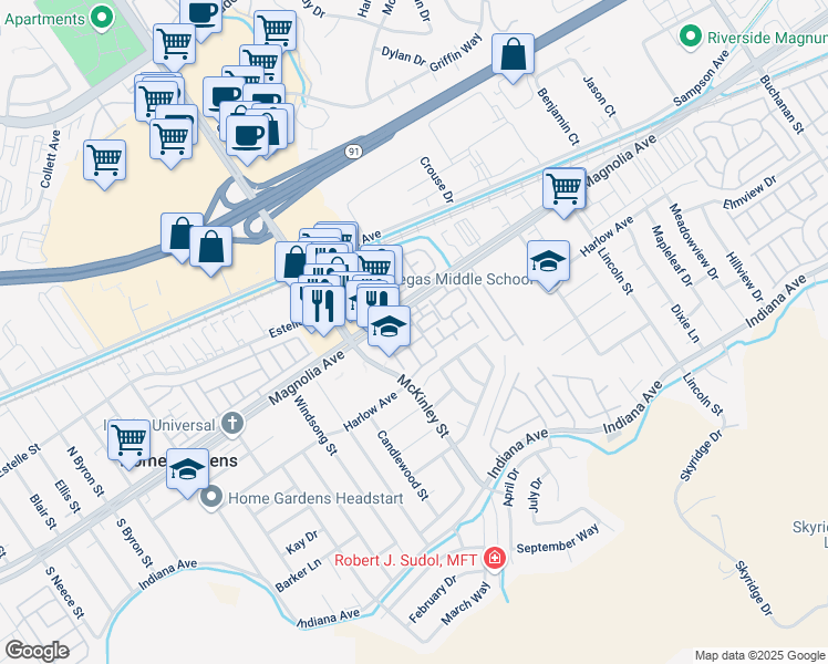 map of restaurants, bars, coffee shops, grocery stores, and more near 3764 Camino Anguilla in Riverside