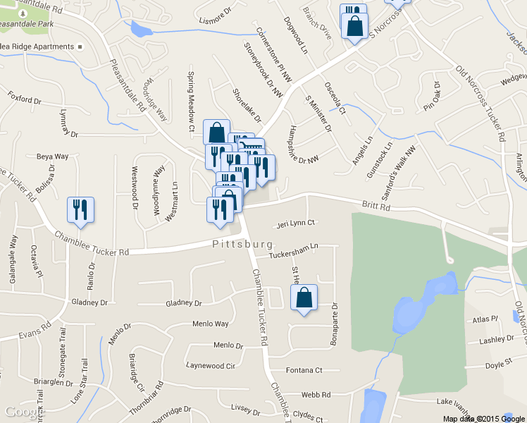 map of restaurants, bars, coffee shops, grocery stores, and more near 4153 Britt Rd in Tucker