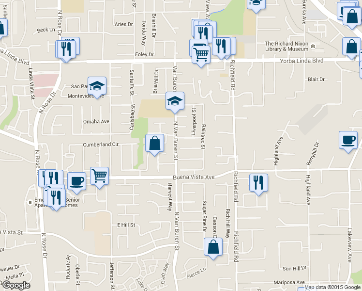 map of restaurants, bars, coffee shops, grocery stores, and more near 17331 Coventry Ln in Yorba Linda