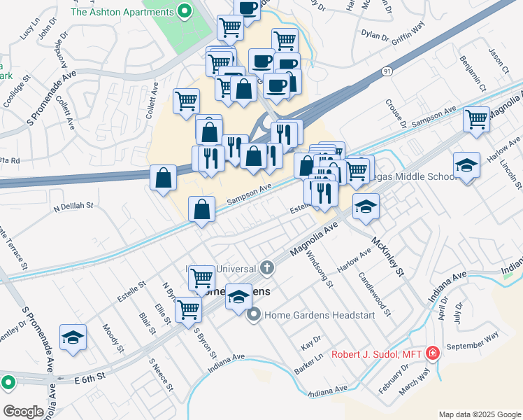 map of restaurants, bars, coffee shops, grocery stores, and more near 13415 Estelle Street in Corona