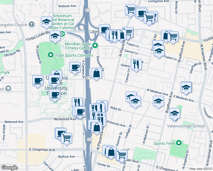 map of restaurants, bars, coffee shops, grocery stores, and more near 2900 Madison Avenue in Fullerton