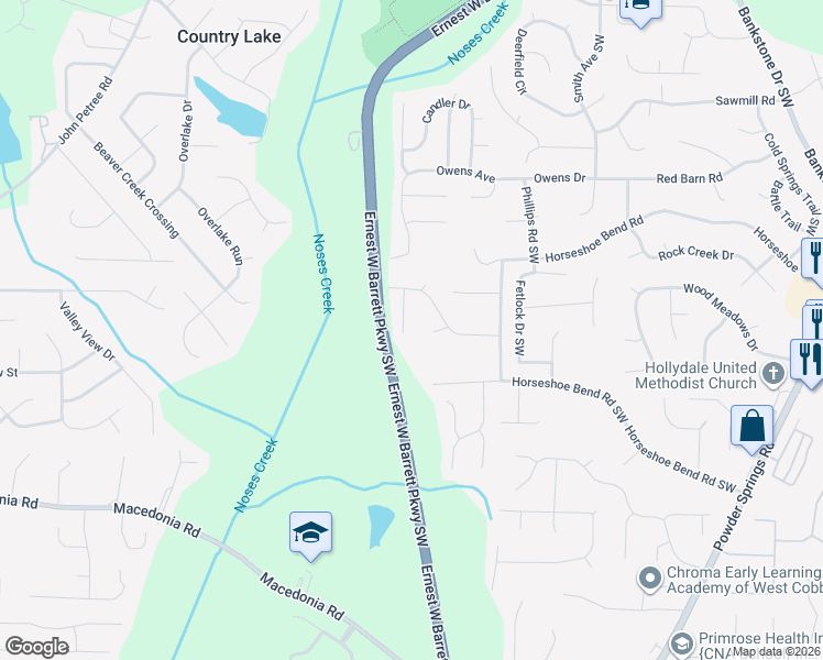 map of restaurants, bars, coffee shops, grocery stores, and more near 2909 Buckskin Trail Southwest in Marietta