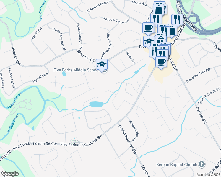 map of restaurants, bars, coffee shops, grocery stores, and more near 3406 Alcazar Drive Southwest in Lilburn