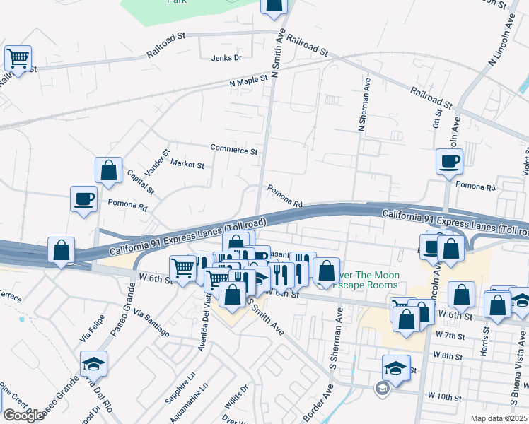 map of restaurants, bars, coffee shops, grocery stores, and more near Riverside Freeway in Corona