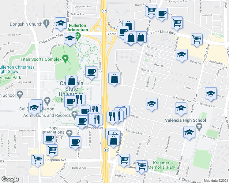 map of restaurants, bars, coffee shops, grocery stores, and more near 2842 Madison Avenue in Fullerton