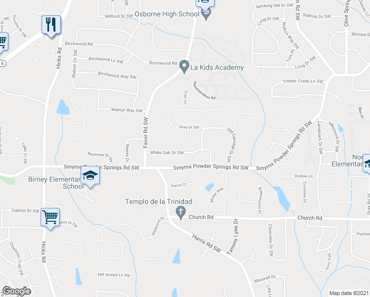 map of restaurants, bars, coffee shops, grocery stores, and more near 482 White Oak Drive Southwest in Marietta