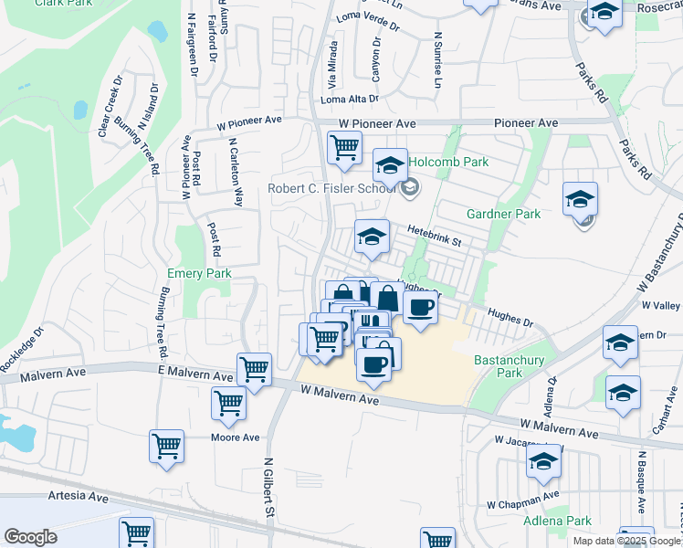 map of restaurants, bars, coffee shops, grocery stores, and more near 1138 Chaffee Street in Fullerton