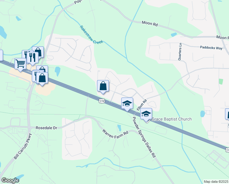 map of restaurants, bars, coffee shops, grocery stores, and more near 1417 Sterlingbrooke Drive in Powder Springs
