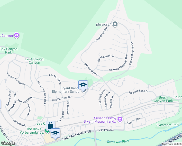 map of restaurants, bars, coffee shops, grocery stores, and more near 5705 Camino De Bryant in Yorba Linda
