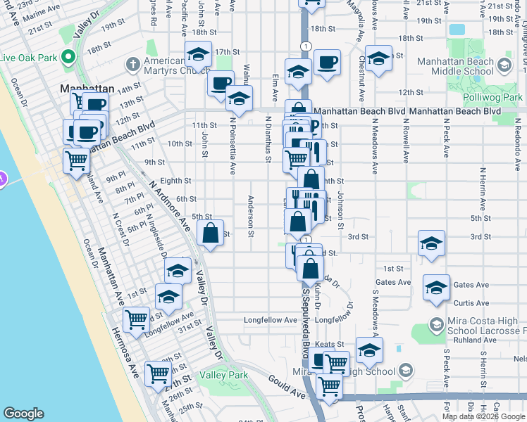 map of restaurants, bars, coffee shops, grocery stores, and more near 408 North Dianthus Street in Manhattan Beach